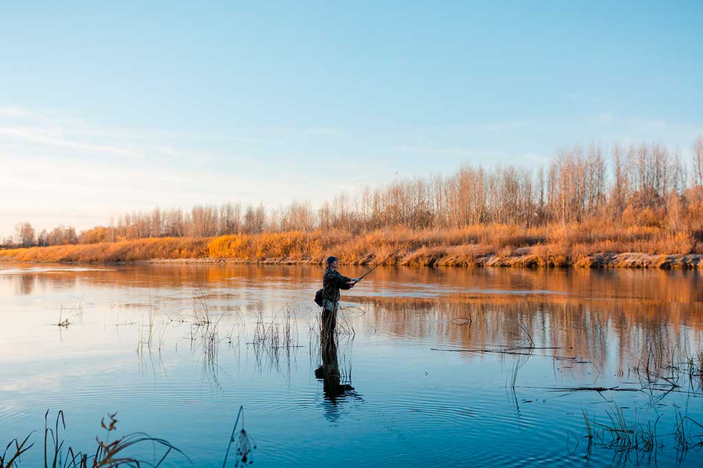 Angelvergnügen in Dänemark - Ein Angler steht im Wasser eines ruhigen Sees umgeben von herbstlichen Farben und genießt die Stille des Moments.