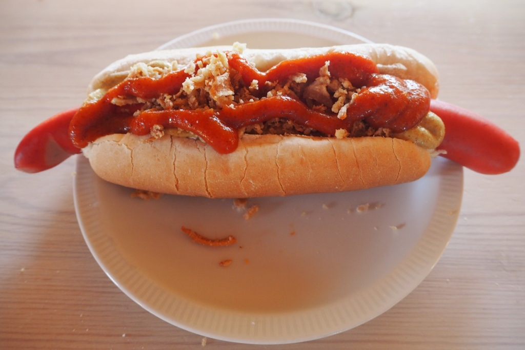 Ein appetitlicher Hotdog mit reichlich Ketchup und Röstzwiebeln auf einem Teller, Dateiname des Bildes: Hotdog.