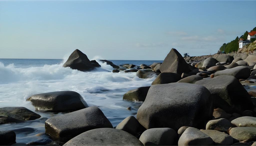 Region Bornholm - Blick auf die malerische Felsenküste mit sanft brechenden Wellen und traditionellen dänischen Häusern im Hintergrund.