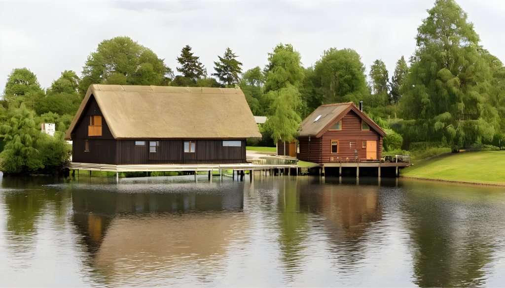 Region Falster - Zwei charmante Holzhäuser, erbaut auf Stelzen über einem ruhigen See, umgeben von üppigem Grün in Falster, Dänemark.