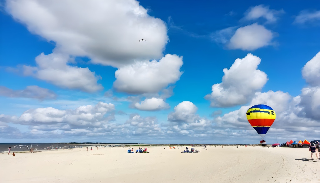 Region Römö - Lebhafter Strandtag auf Römö mit einem bunten Heißluftballon am blauen Himmel.