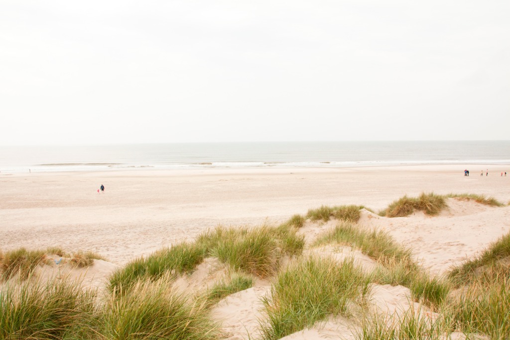 Houstrup Strand Ferienhäuser - Sanfte Dünenlandschaft mit Strandhafer vor dem weiten, ruhigen Strand und der Nordsee im Hintergrund, mit vereinzelten Spaziergängern, die die Weite genießen.