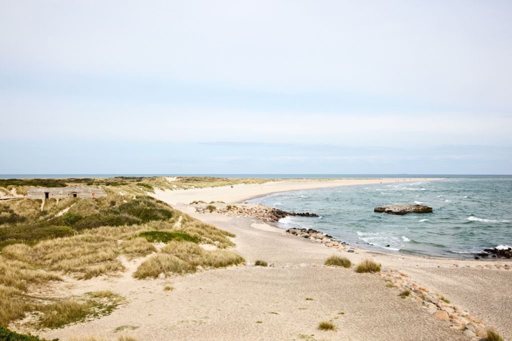 Jammerbucht Ferienhäuser - Die ruhige Ausstrahlung der Jammerbucht mit ihren charakteristischen Dünen, dem sanften Strand und den verstreuten Ferienhäusern in Dänemark.