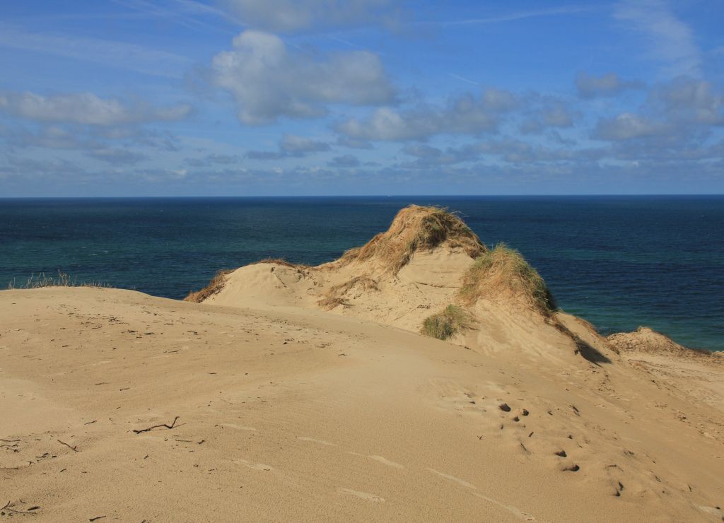 Løkken – Spuren im Sand führen zu malerischen Dünen am Meer, ein friedlicher Anblick der Küstenlandschaft in Løkken, Dänemark, der zum Entdecken und Verweilen einlädt.