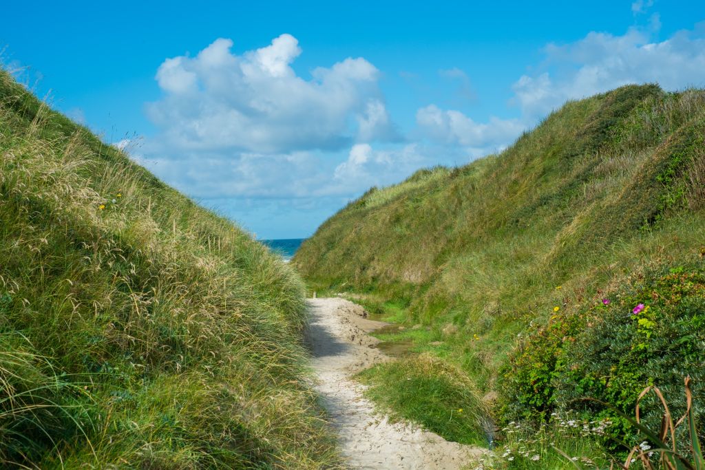 Westjütland Dänemark Ferienhaus - Ein sandiger Pfad durch die Dünen, der zum Meer führt, eingebettet in die natürliche Umgebung nahe einem Ferienhaus in Westjütland.